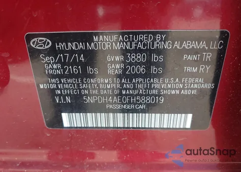 2015 Hyundai Elantra Se из США, поврежденный, VIN 5NPDH4AE0FH588019